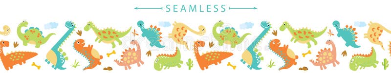 Cute dino vector horizontal seamless border. Great for wallpaper, backgrounds, packaging, fabric, scrapbooking, and giftwrap projects. Cute dino vector horizontal seamless border. Great for wallpaper, backgrounds, packaging, fabric, scrapbooking, and giftwrap projects